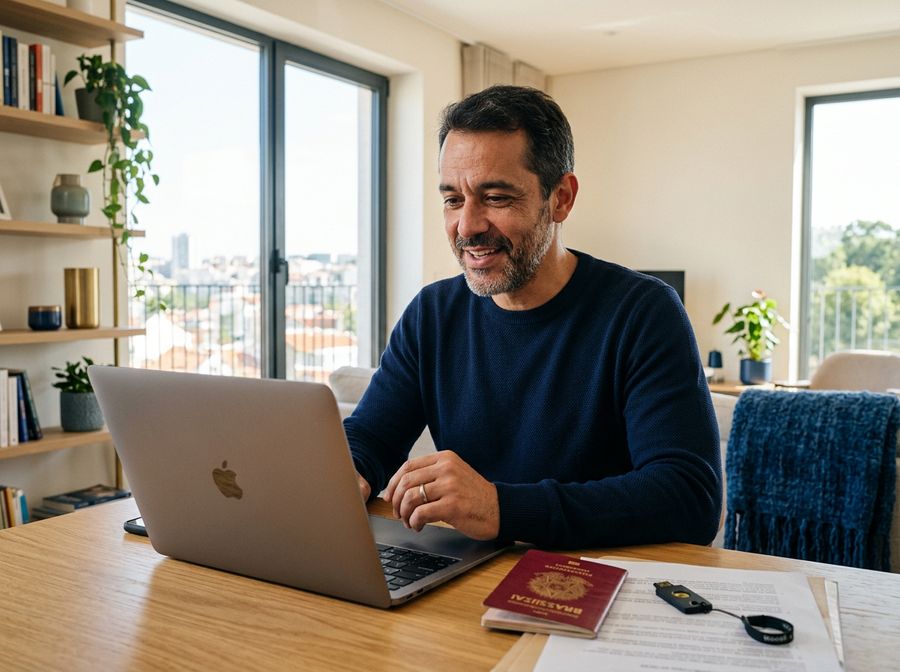 Brasileiro em videochamada com passaporte e token sobre a mesa