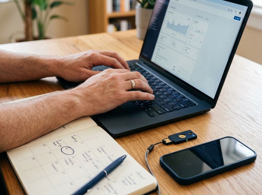 Mãos no notebook com calendário marcado, token e celular ao lado